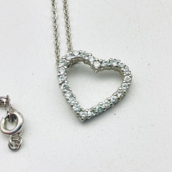 Silver Tone Heart Pendant Necklace Clear Rhinestones Open Heart Romantic - Picture 1 of 8